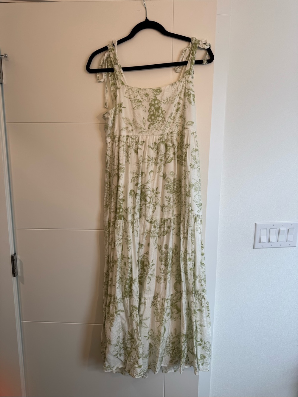 White and Olive Green Floral Tie-Shoulder Maxi Dress